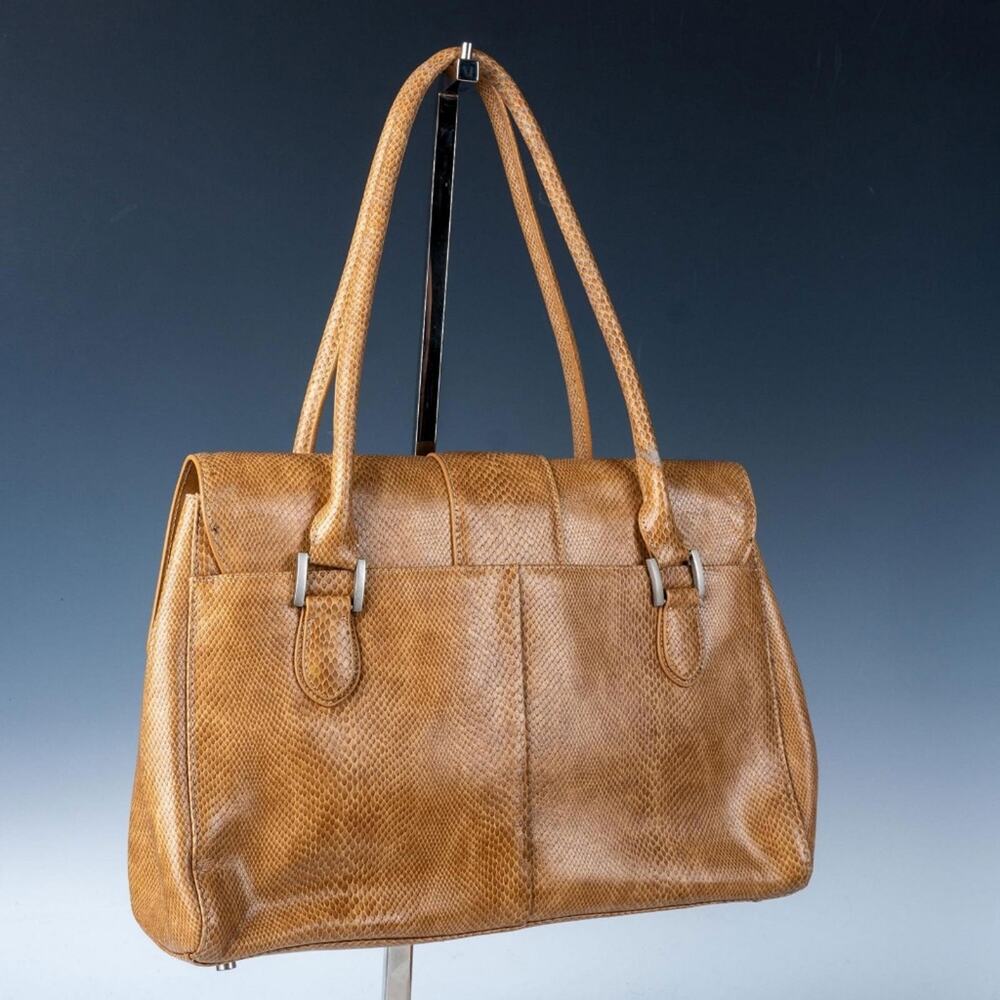 CHARLIE LAPSON Tan Leather Snake Satchel Handbag Purse